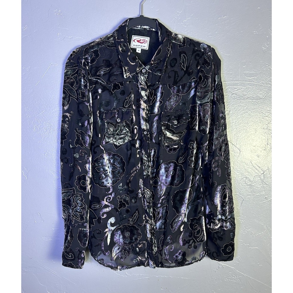 Women's Roper Velvet Burnout Pearl Snap Long Sleeve Shirt Semi Sheer M Western